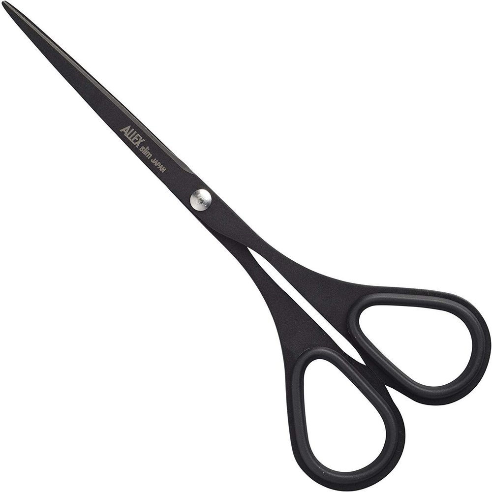 ALLEX Small Black Scissors for Office 5.5" [Non-Stick], All Purpose Slim & Thin Low Profile Scissors, Made in JAPAN, All Metal Japanese Stainless Steel Blade with Non-Slip Soft Ring, Black