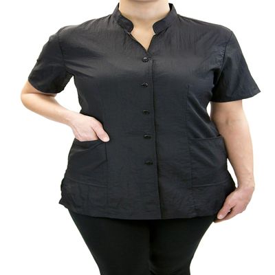 Anna Jacket Short-Sleeve Uniform for Stylist Barber Groomer Nail Tech Skin Care Makeup Artist Smocks (L, BLACK)