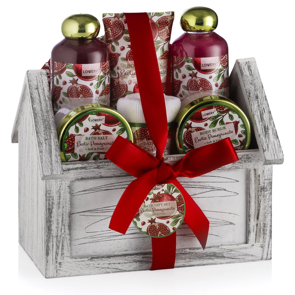 Birthday Gifts from Son, Home Spa Gift Basket, 8pc Bath & Body Set for Women & Men, Exotic Pomegranate Scent, Shower Gel, Bubble Bath, Lotion, Bath Salt, Body Scrub, Towel, Cosmetic Bag & Wood Case