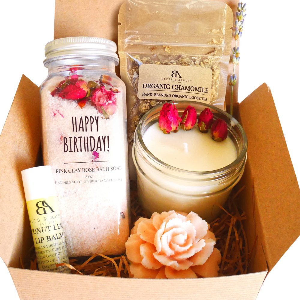 Beets and Apples Happy Birthday Gift Basket, Birthday Spa Gift Baskets for Women, Organic Spa Gift Set, Self Care Gift Basket for Birthday Gifts, Handmade in USA Unique Birthday Gifts Christmas Gift