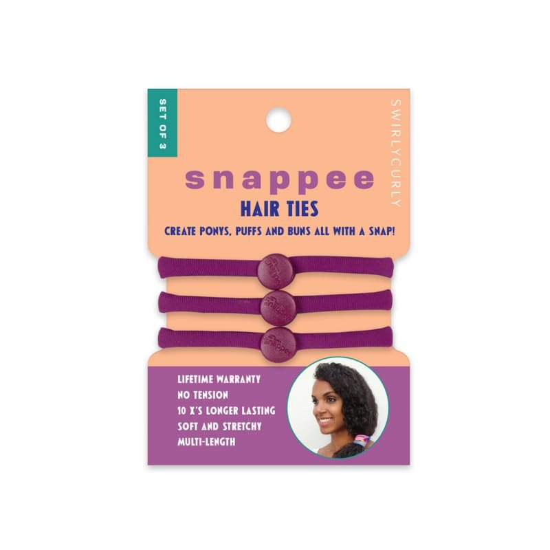 Snap Hair Ties for Thick, Natural, Curly Hair | No Slip, No Tension Pro Hair Tie | Strong Ponytail Holder (1 Count (Pack of 3), Purple)