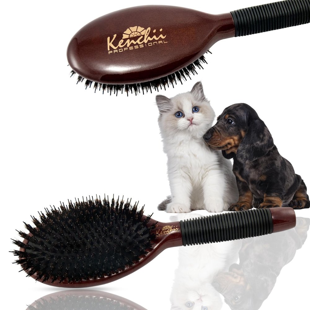 Kenchii Boar and Nylon Bristle Brush for Dog and Cat, Professional Grooming Brush with Maple Body, Lightweight, Non-Slip Rubber (Large)