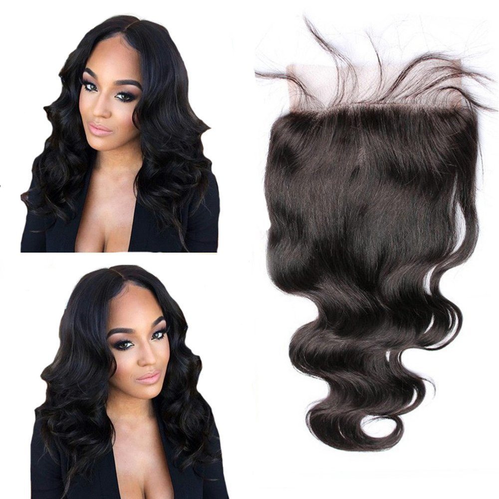 Lace Closure 5x5 Body Wavy Lace Piece Bleached Knots Closure Free Part Malaysian Human Hair (14"Free Prat, 1# Jet Black)