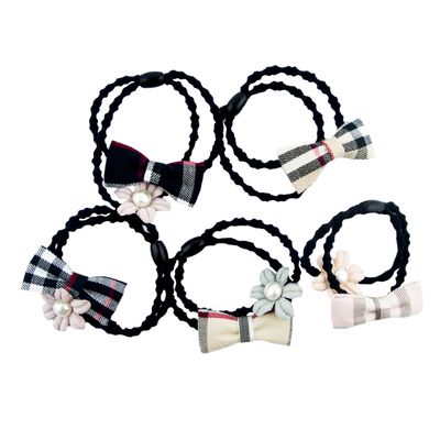 HAND Checked Bow, Flower and Pearl Bead Black Hairband Ponytail Loops - Pack of 5
