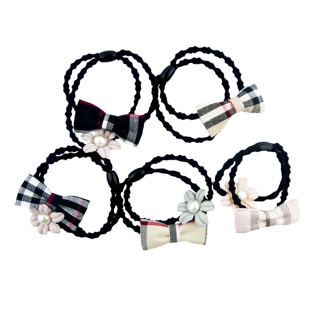 HAND Checked Bow, Flower and Pearl Bead Black Hairband Ponytail Loops - Pack of 5