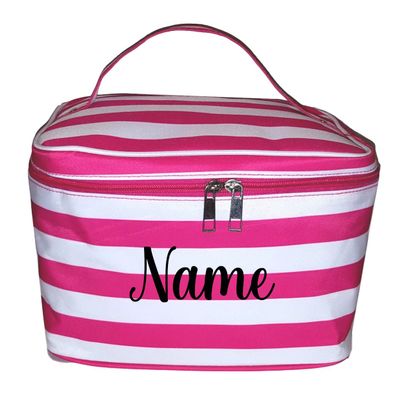 1101 BEACH Personalized with Name New Go-To Cosmetic Case: Travel in Style and Stay Organized, Pink & White Stripe