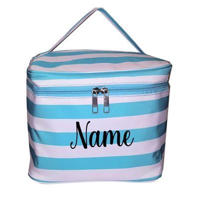 101 BEACH Personalized with Name New Go-To Cosmetic Case: Travel in Style and Stay Organized Aqua & White Stripe Print