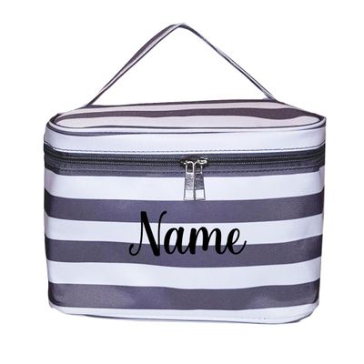 101 BEACH Personalized with Name New Go-To Cosmetic Case: Travel in Style and Stay Organized, Gray & White Stripe