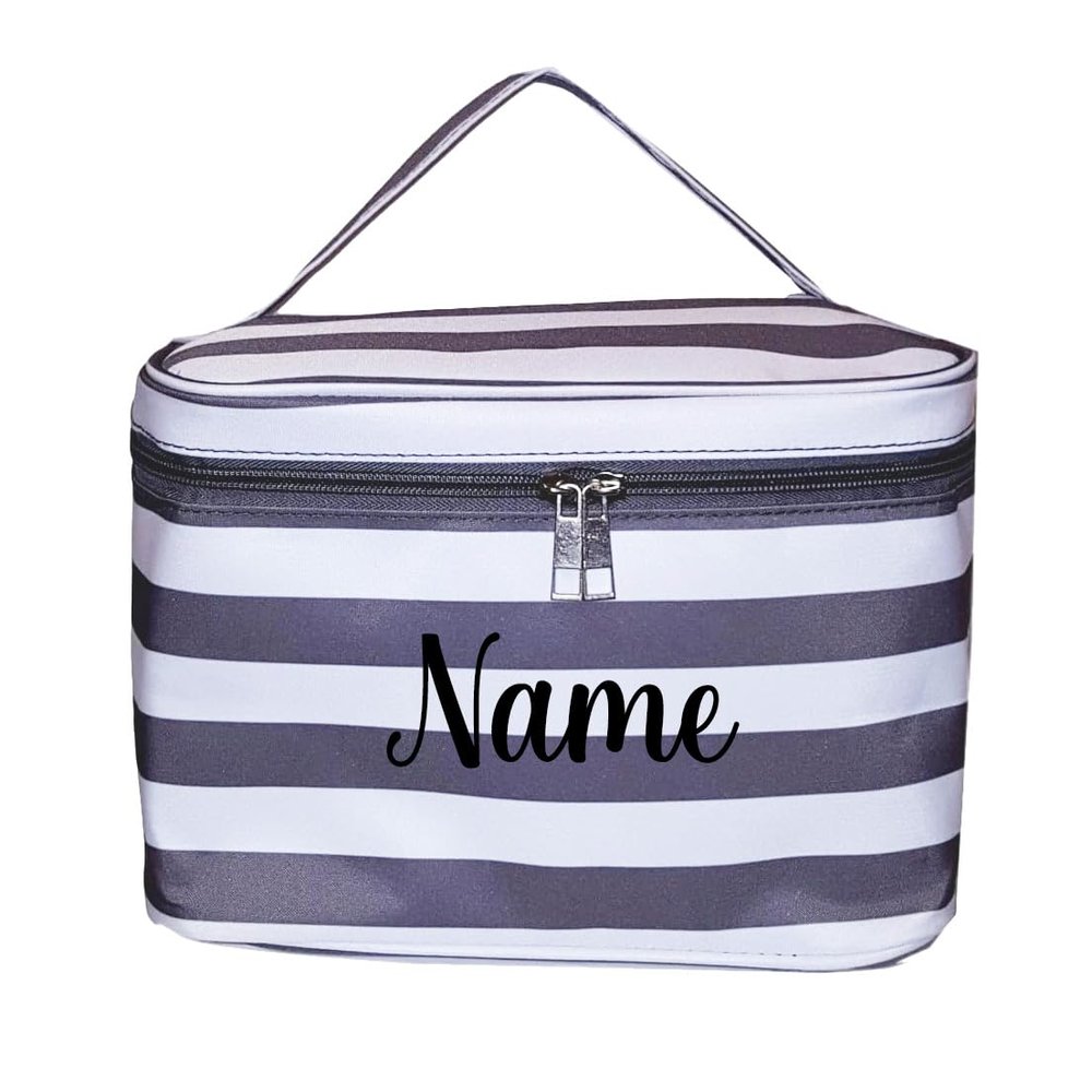 101 BEACH Personalized with Name New Go-To Cosmetic Case: Travel in Style and Stay Organized, Gray & White Stripe