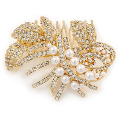 Bridal/Wedding/Prom/Party Gold Plated Clear Austrian Crystal Glass Pearl Floral Side Hair Comb - 80mm