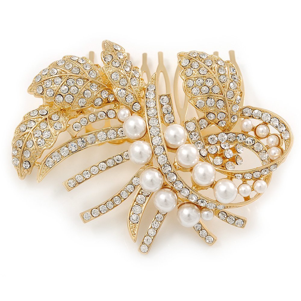 Bridal/Wedding/Prom/Party Gold Plated Clear Austrian Crystal Glass Pearl Floral Side Hair Comb - 80mm