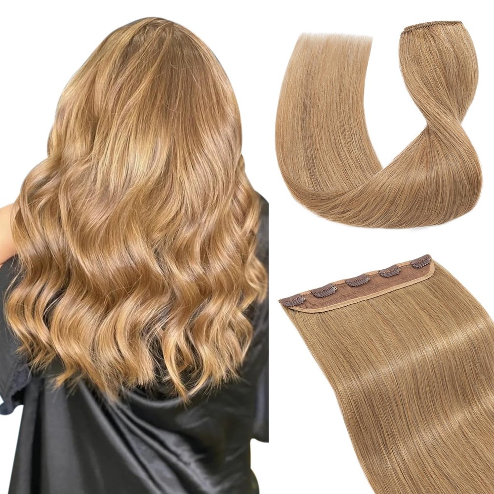 Hairro 16 Inch Clip in Extensions 100% Remy Human Hair 45g One-piece 5 Clips Long Straight Hair Extensions for Women Valentine's Day Gift Wide Weft Soft Silky #27 Dark Blonde