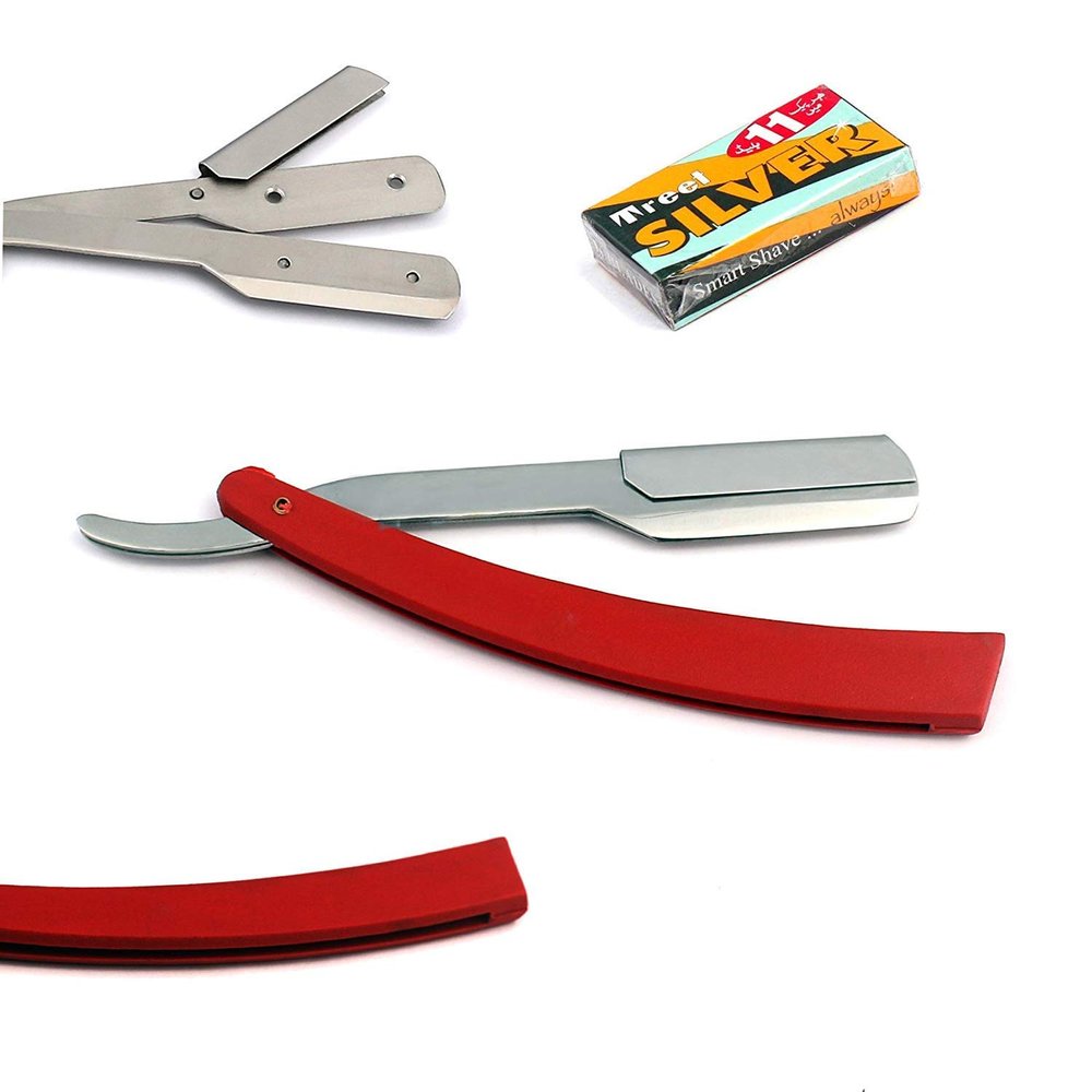 OdontoMed2011 PROFESSIONAL STRAIGHT BARBER EDGE STEEL RAZORS FOLDING SHAVING KNIFE RED FOLDING HAIR REMOVAL SHAVING RAZOR DOUBLE (Red Handle + 11 Blades)