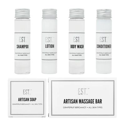 EST Travel Kit - Case of 25 Individual Kits - Each Kit Contains Shampoo, Conditioner, Lotion, Body Wash, and 2 Soap Bars