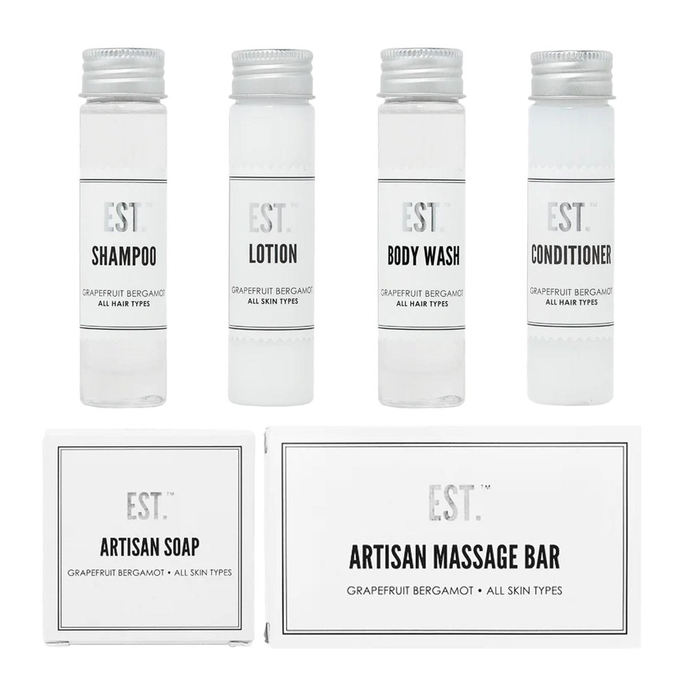 EST Travel Kit - Case of 25 Individual Kits - Each Kit Contains Shampoo, Conditioner, Lotion, Body Wash, and 2 Soap Bars