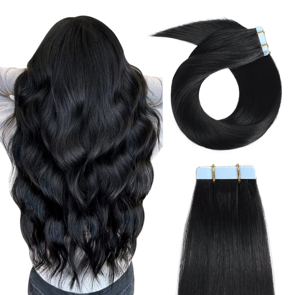 YILITE Tape in Human Hair Extensions 22 inches 20pcs 50g Silky Straight Human Hair Extensions Tape in Jet Black Color Tape in Hair Extensions