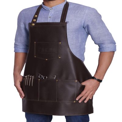Facn Professional Leather Hair Cutting Hairdressing Barber Apron Cape for Salon Hairstylist - Multi-use, Adjustable with 6 pockets - Heavy Duty Premium Quality - Limited Edition - 28" x 24" (Brown)