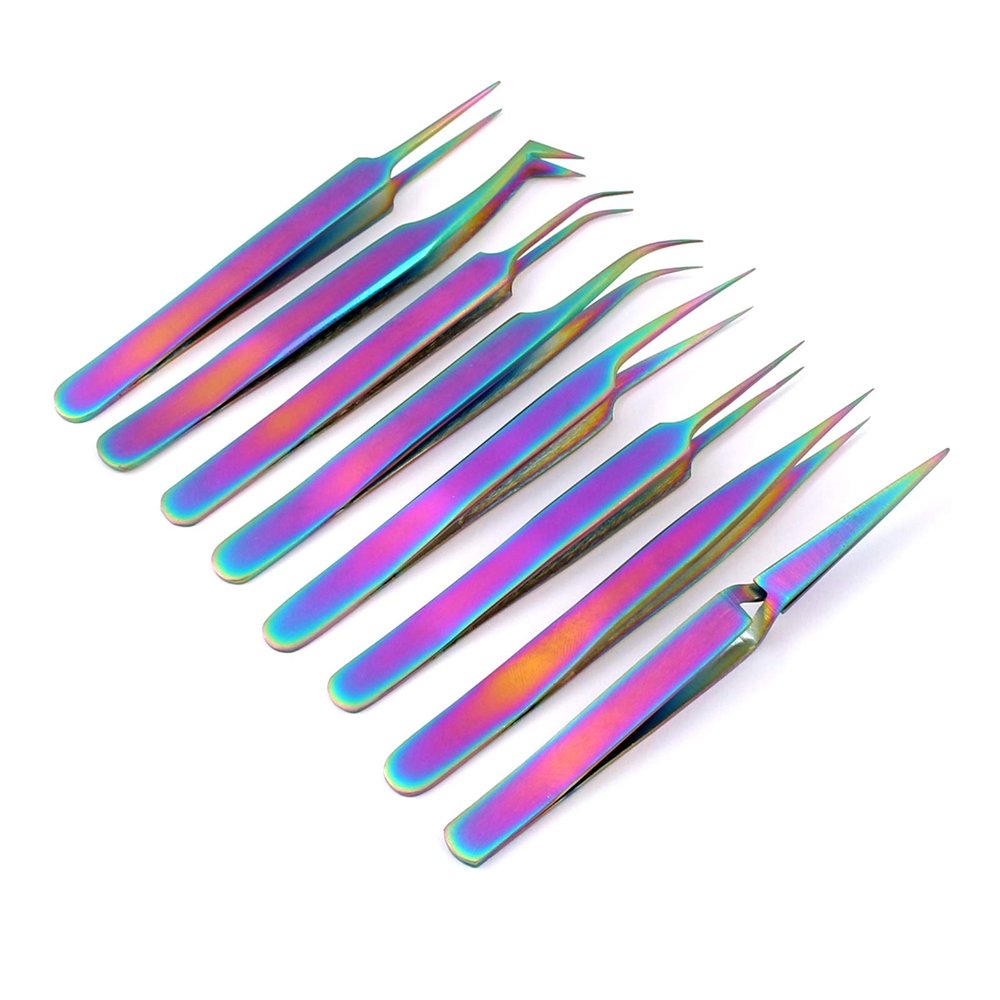 AAPROTOOLS Set of 8 Piece Stainless Steel Multi Rainbow Color Eyelash Extension Tweezers A+ Quality