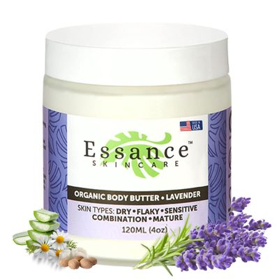 Essance - Organic Body Butter, Non-Irritating & Nourishing Natural Body Butter, Shea Butter for Sensitive Skin, Mature, & Normal Skin Types, Lavender, 120mL