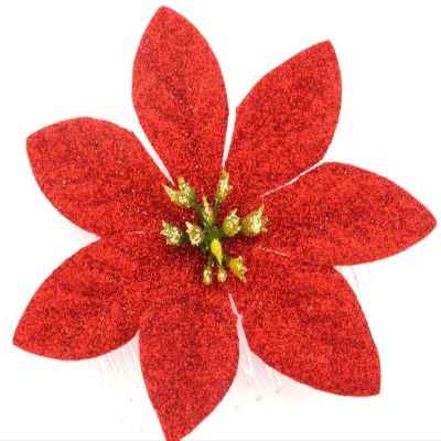 3 1/2" Poinsettia Red Glitter Poly Silk Flower Hair Comb