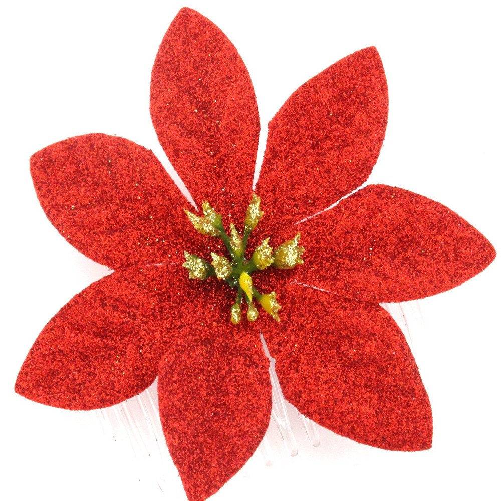 3 1/2" Poinsettia Red Glitter Poly Silk Flower Hair Comb