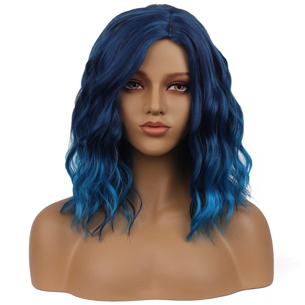 BERON 14" Women Girls Short Curly Wavy Bob Wig Rose Net with Wig Cap (Blue Ombre)