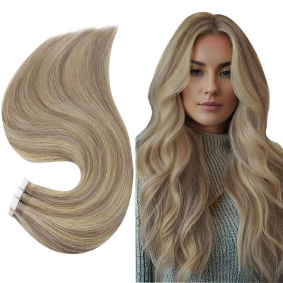 Full Shine Straight Human Hair Extensions Tape in 18Inch Seamless Hair Extensions Real Human Hair Highlighted Hair Extensions Ash Blonde with Platinum 20Pcs 50Grams Add Volume Remy Hair Extensions