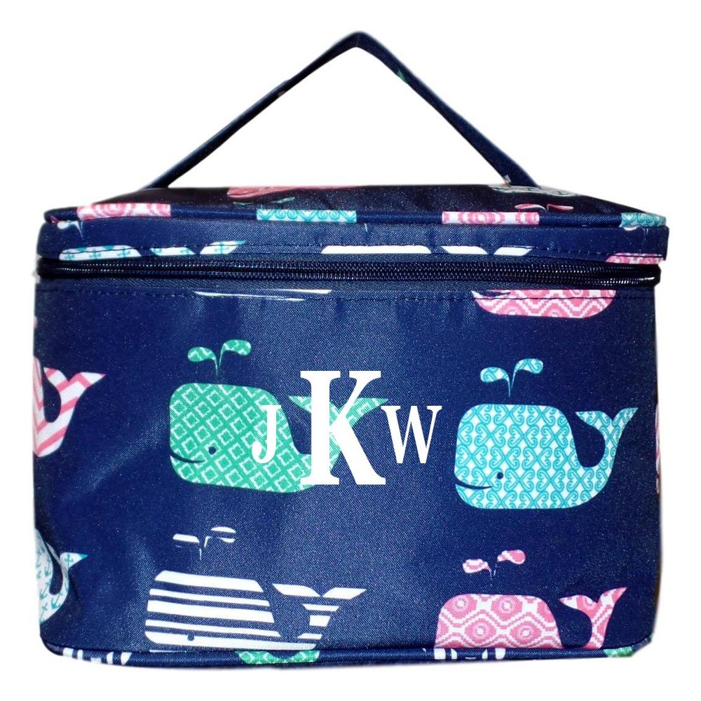 101 BEACH Fashion Print Soft Case Cosmetic Bag Can be Personalized or Monogrammed (Monogrammed - Navy Whale)