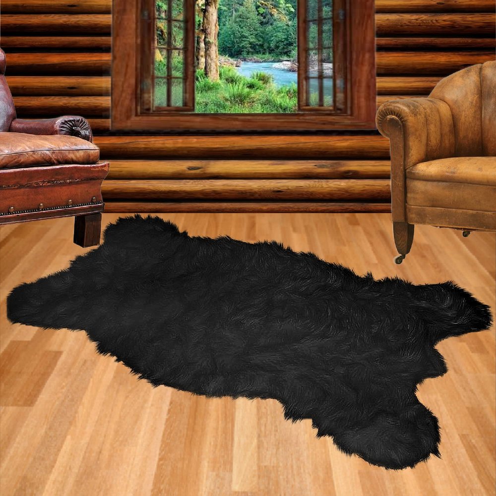 Bear Skin Shape Area Rug - Carpet - Black Shag Faux Fur - Fur Accents USA (4'x6', Black)