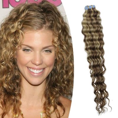 Yotty 18Inch 45cm Tape-in Curly Hair Extensions Seamless Tape Weft Remy Human Hair (18inch20pcs40gram, 12/613 Light Brown Mix Light Blonde)