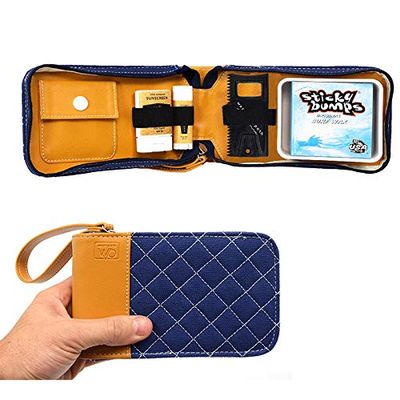 Surfer Gift & Surf Accessory with Stylish Zip Canvas Pouch, Surf Wax Holder, Elastic Loops for Sunscreen, Lip Balm & Wax Scraper - Items shown Included in Surf Kit (Blue Quilt, Sticky)