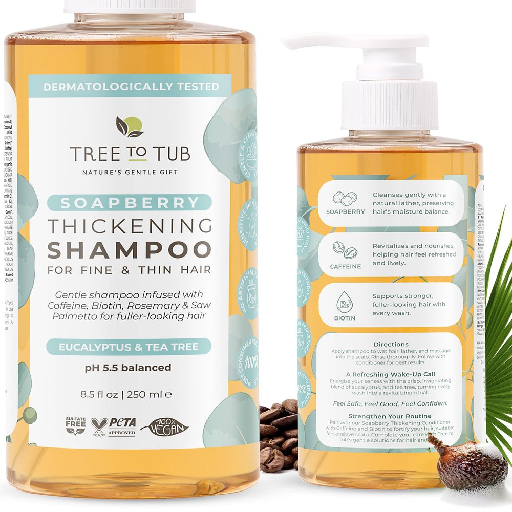 Tree to Tub Biotin Fine Hair Thickening Shampoo for Thicker, Fuller Volume - Gentle Volumizing Sulfate Free Argan Oil Shampoo for Women & Men w/Caffeine, Organic Saw Palmetto, All Natural Tea Tree