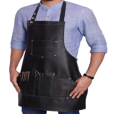 Facn Professional Leather Hair Cutting Hairdressing Barber Apron Cape for Salon Hairstylist - Multi-use, Adjustable with 6 pockets - Heavy Duty Premium Quality - Limited Edition - 28" x 24" (Black)