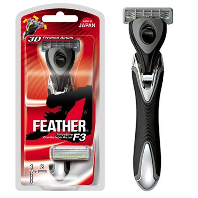Feather - F3 Shaving Razor - Pivoting Head Shaving Razor with Wavy Guard and SiC Ceramic Coating - 3 Blade Shave Cartridge for Regular to Sensitive Face and Skin - Disposable Blades