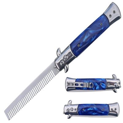 9" Switch Folding Style Polished Stainless Comb with Inlay Handle (Blue Marble Handle)