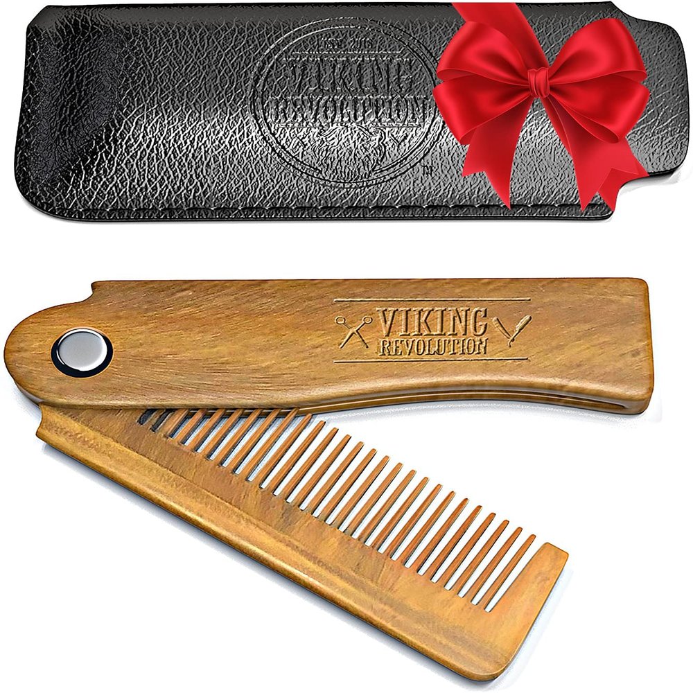 Folding Beard Comb w/Carrying Pouch for Men - All Natural Wooden Beard Comb w/Gift Box - Green Sandalwood Comb for Grooming & Combing Hair, Beards and Mustaches by Viking Revolution