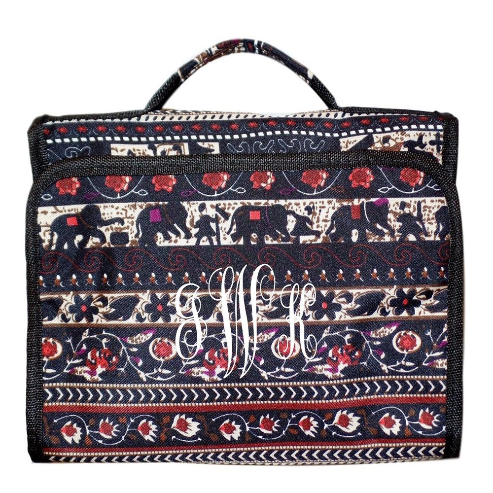 101 BEACH Hanging Toiletry Cosmetic Organizer Bag - Roll up for Storage Travel - Custom Embroidery Available (Elephant Tapestry - Embroidered Monogram)