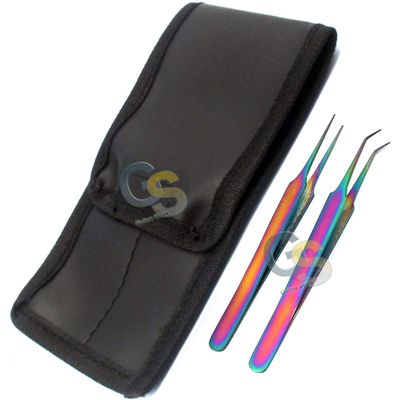 Set of 2 Stainless Steel Multi Titanium Rainbow Color 3D Eyelash Extension Tweezers a Type Straight + a Type Angled Fine Point by G.S Online Store