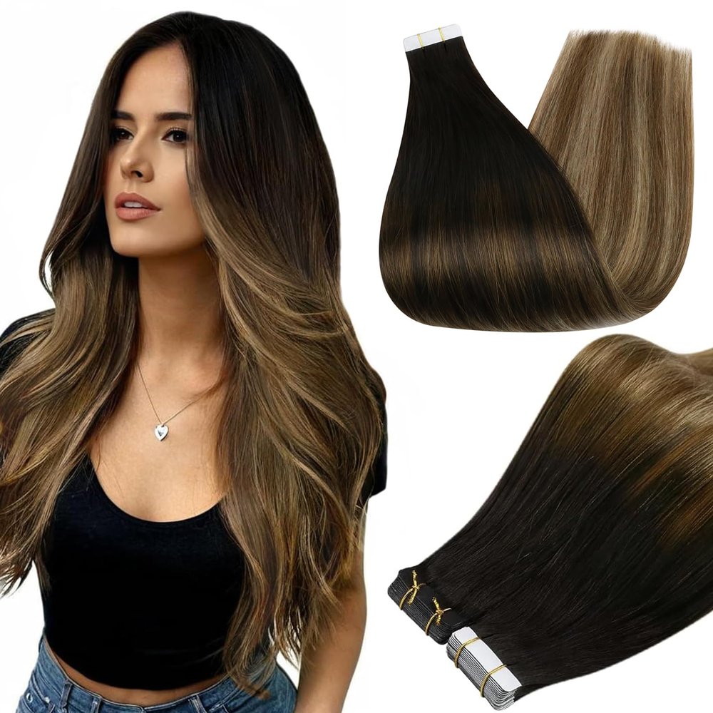 Full Shine Balayage Tape in Hair Extensions Black To Chestnut Brown And Honey Blonde Tape in Extensions for Women 16 Inch Skin Weft Hair Extensions Invisible Tape ins Human Hair 1b/6/27 50G 20Pcs