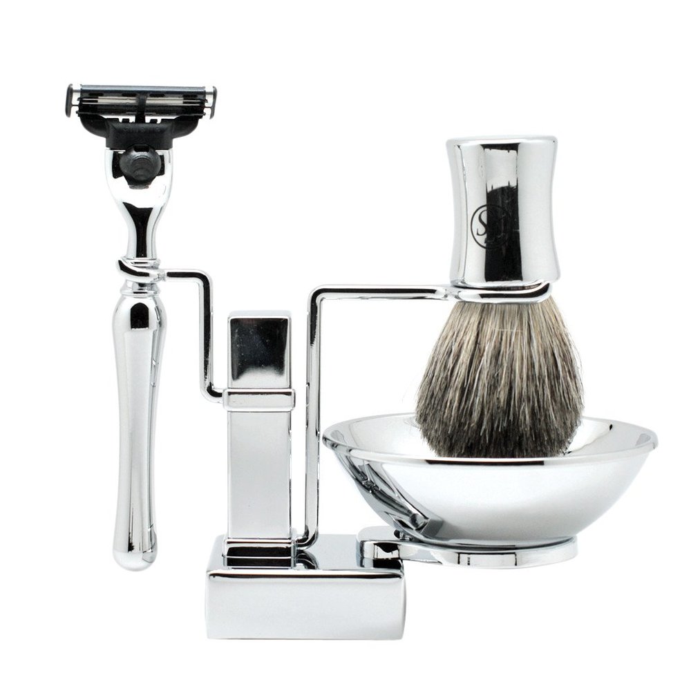 4 In 1 Shaving Set Shaving Kit Include Badger Hair Shaving Brush Shaving Bowl 3 Blade Razor And Metal Stand