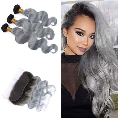 Cloud Hair Brazilian Body Wave Hair Wefts 3Pcs With Ear To Ear Frontal Ombre Color 1B Grey Human Hair 3Bundles With Top Lace Frontal Free Middle Three Part (22 24 26+20 inch frontal)