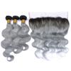 Cloud Hair Brazilian Body Wave Hair Wefts 3Pcs With Ear To Ear Frontal Ombre Color 1B Grey Human Hair 3Bundles With Top Lace Frontal Free Middle Three Part (22 24 26+20 inch frontal) view 3