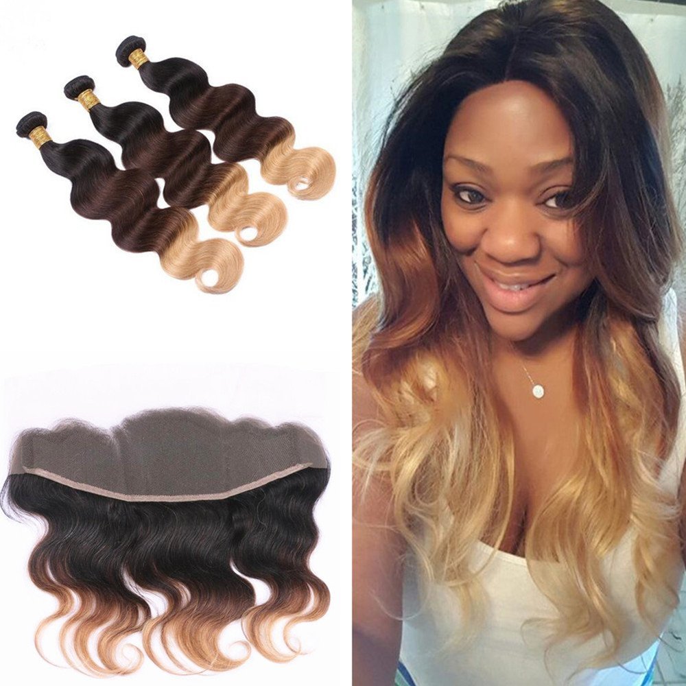 Cloud Hair Three Color 1B 4 27 Ear To Ear Frontal With Brazilian Human Body Wave Hair Extensions 4Pcs Lot Ombre Blonde Color 3Bundles Weaves With Lace Frontal 13x4 (18 20 22+16 inch frontal)