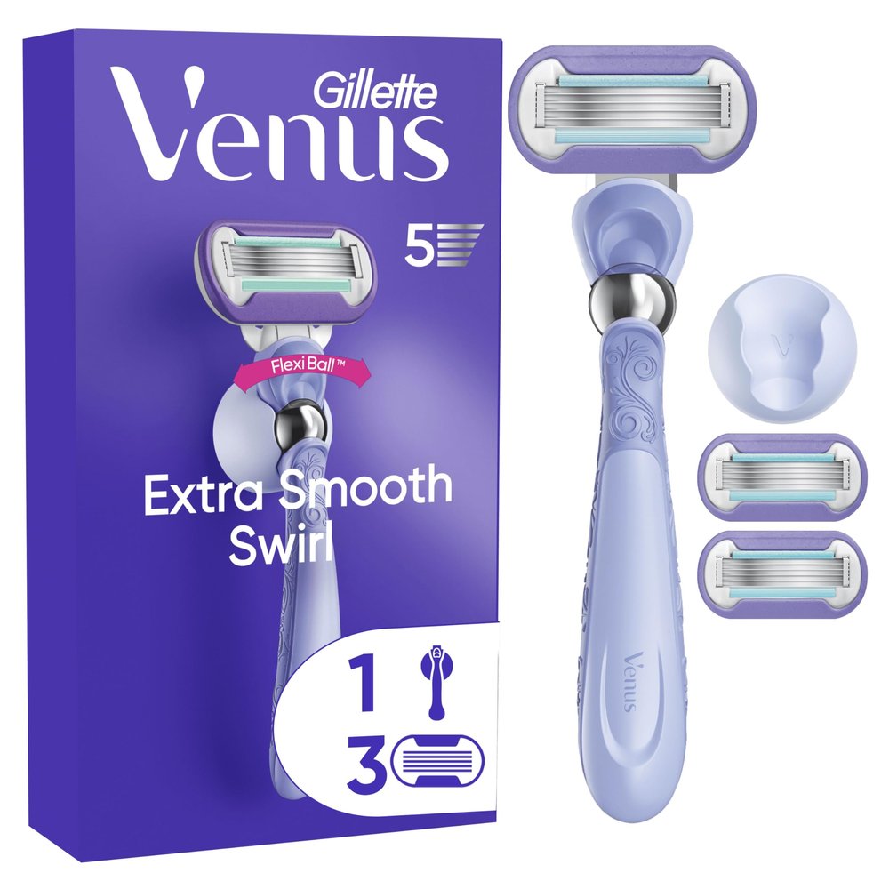 Gillette Venus Deluxe Smooth Swirl Women's Razor + 3 Razor Blade Refills, with Flexiball Technology, Lubrastrip with A Touch of Vitamin E