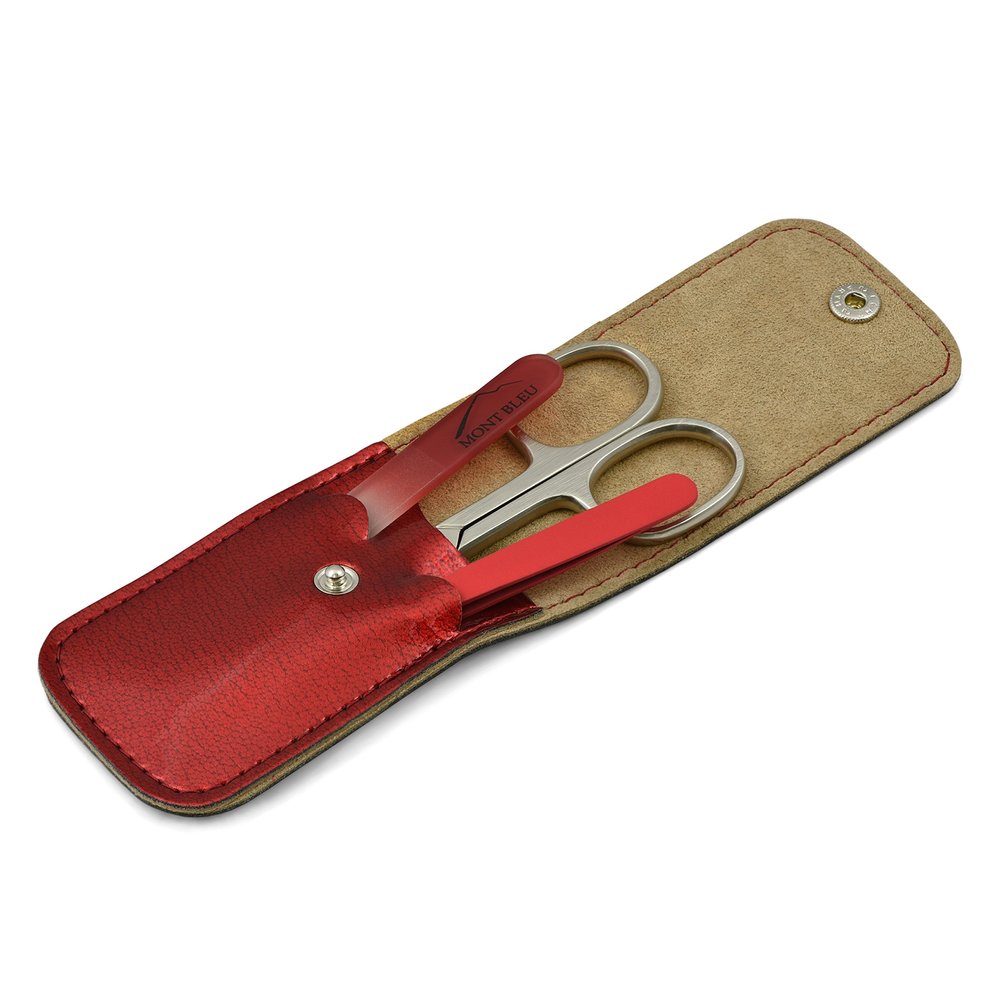 Mont Bleu 3-piece Manicure Set with crystal nail file, in Cruelty Free Red Leatherette Case | Italian Scissors - Red Czech Crystal Nail File - German Case