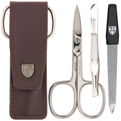 3 Swords Germany - brand quality 3 piece manicure pedicure grooming kit set for professional finger & toe nail care scissors file genuine leather case in gift box, Made in Solingen Germany (03744 )