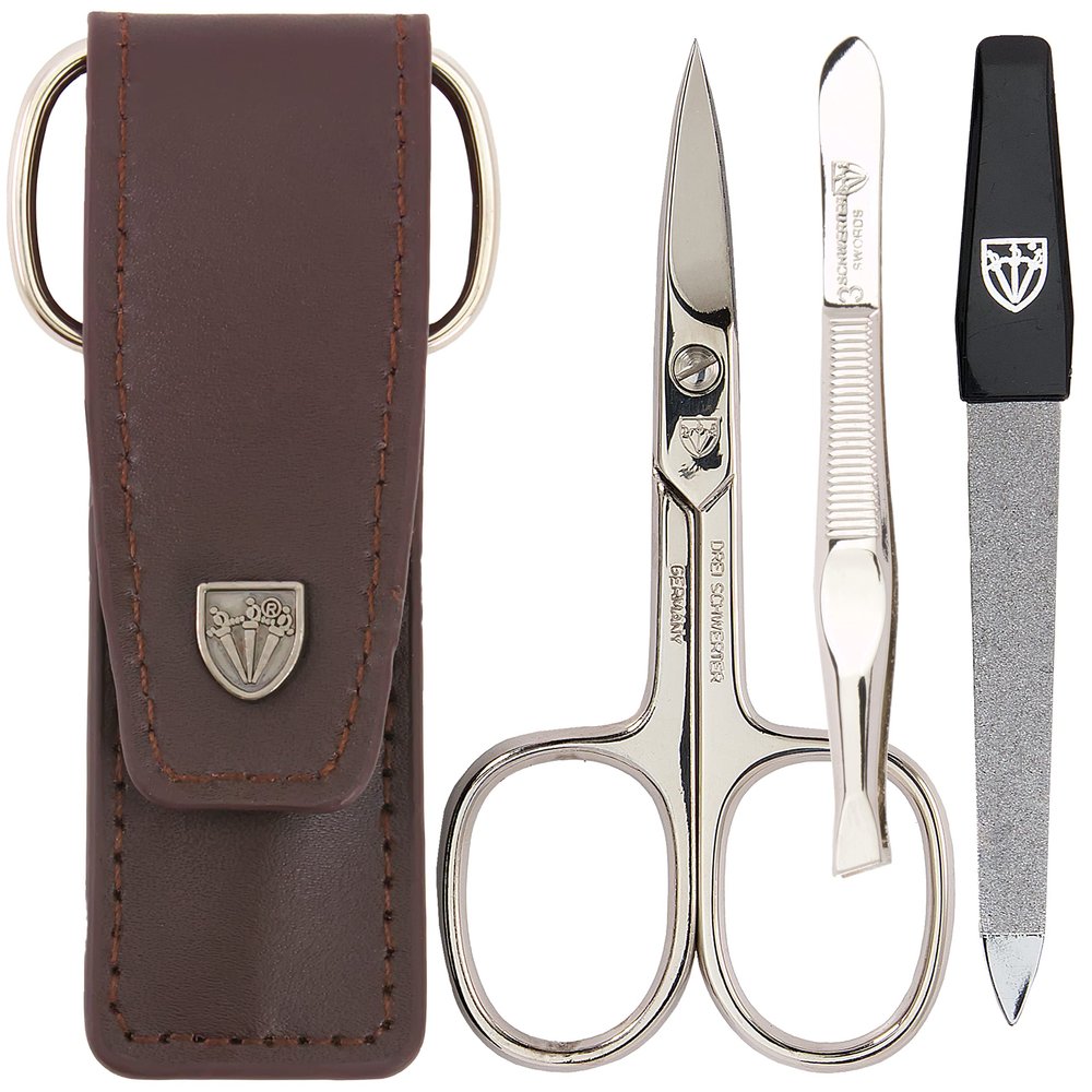3 Swords Germany - brand quality 3 piece manicure pedicure grooming kit set for professional finger & toe nail care scissors file genuine leather case in gift box, Made in Solingen Germany (03744 )