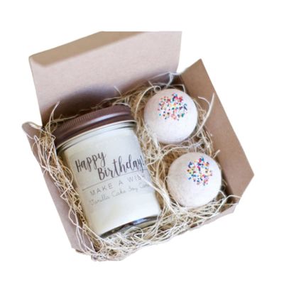 Birthday Gift Idea Birthday Cake Themed Gift Set with Vanilla Cake Candle and Vanilla Sprinkle Bath Bombs
