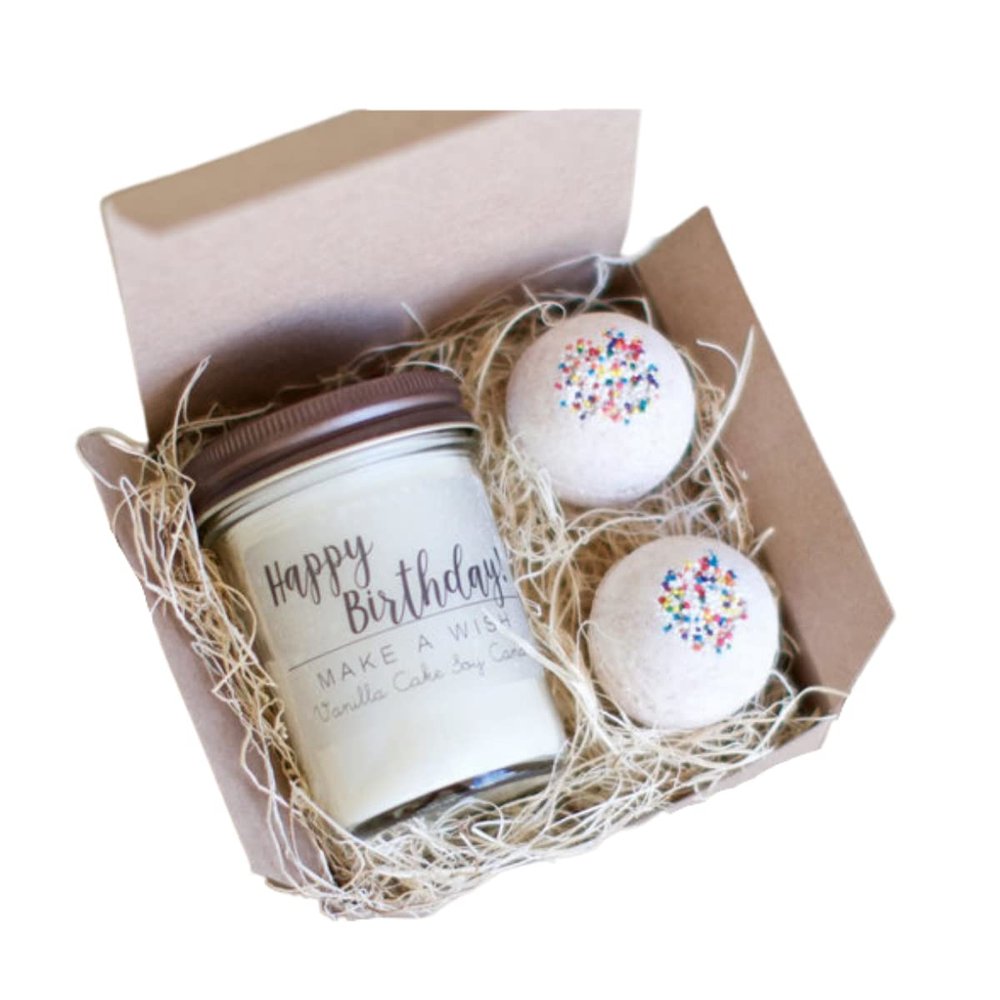Birthday Gift Idea Birthday Cake Themed Gift Set with Vanilla Cake Candle and Vanilla Sprinkle Bath Bombs