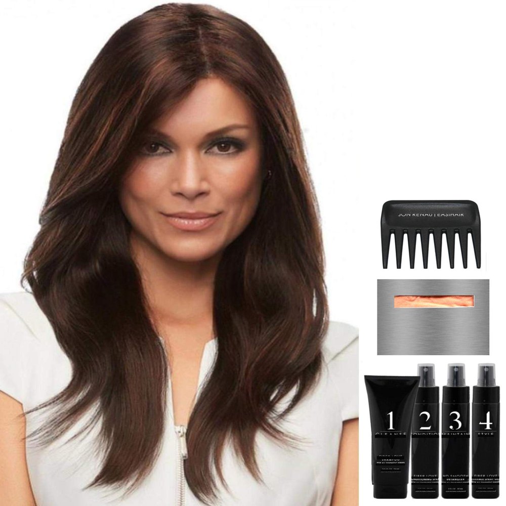 Jon Renau & Christy's Wigs - Zara Petite Synthetic Wig - Lace Front, Monofilament Top - Straight, Long Layered - Brown - 8 Item Bundle